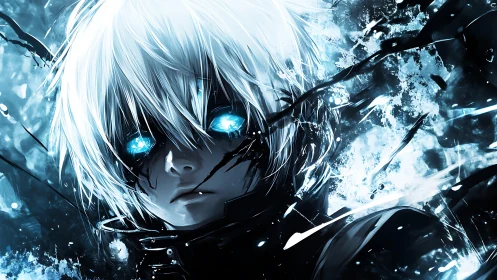 Bioluminescent eyed cybernetic youth amid fractal ice turbulence