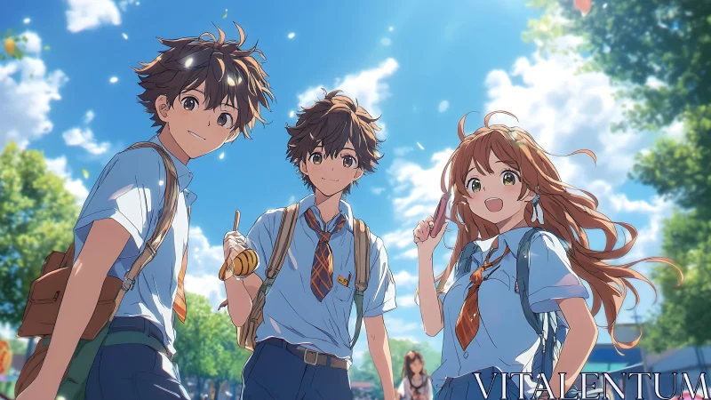 Sunlit anime students sharing snacks on a bright summer day.