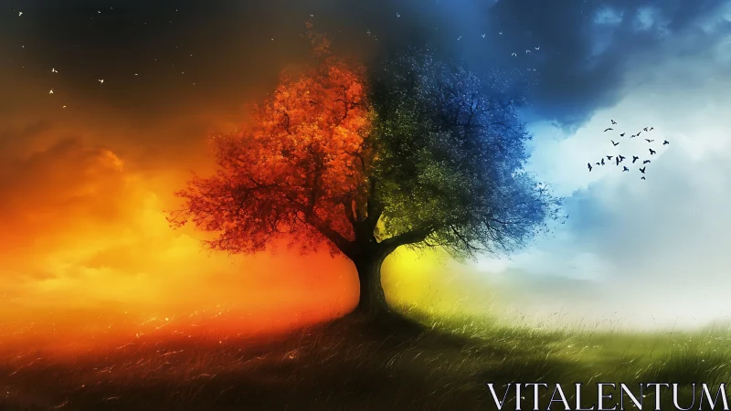 Seasons fusion tree divides fiery dusk and cool dawn sky.
