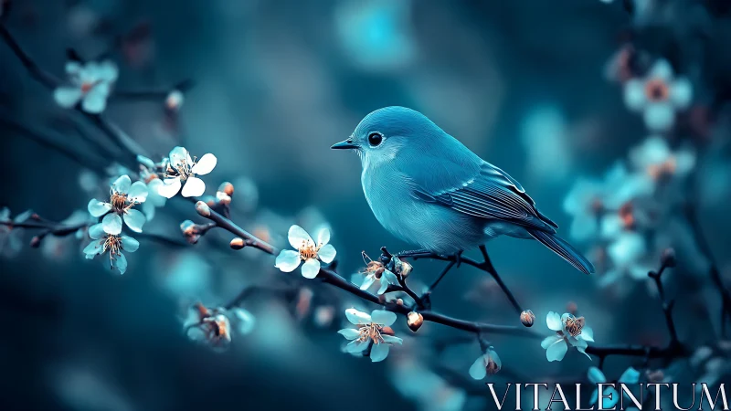 Blue songbird perched on flowering branch, dreamy soft focus style.