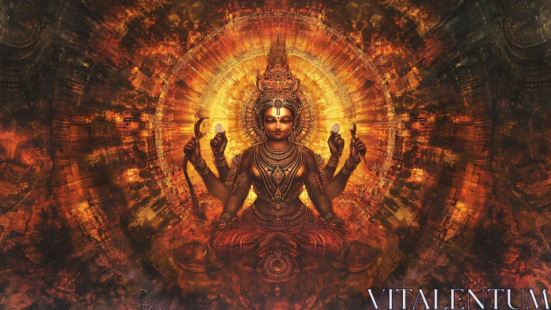 Digital painting of radiant multi-armed deity in mandala blaze.