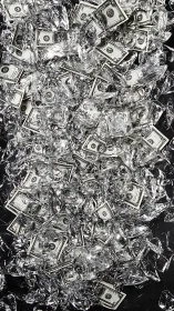 Cascading dollar bills beneath fractured crystal glare.