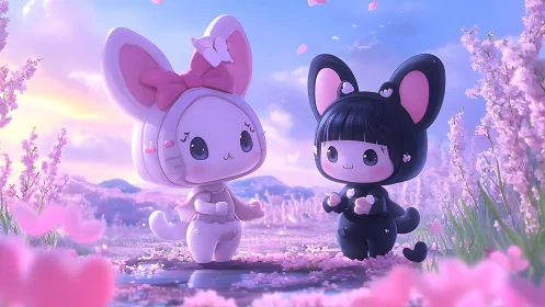 Blossom-eared chibi friends stroll through pastel spring dream.
