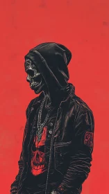 Hooded skull figure stands in bold red street-art void