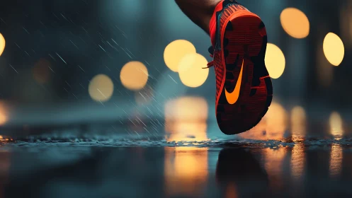 Runner strides through wet city street in neon sneakers.