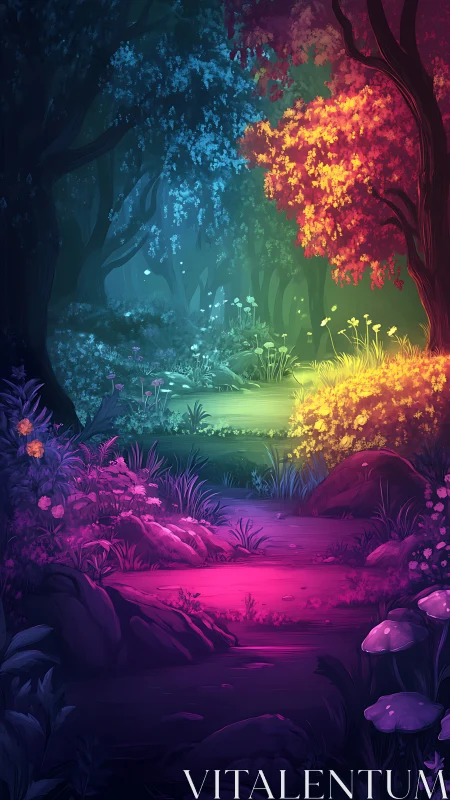 Bioluminescent Forest Clearing with Chromatic Light Gradient Transitions
