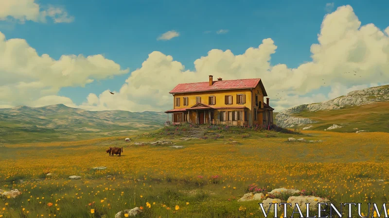 Two story rural house stands in expansive flowered grassland