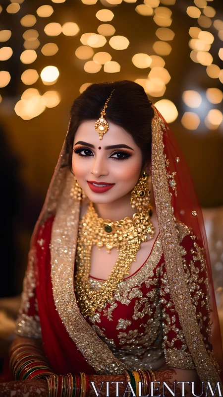 Portrait shows bride in red and gold attire with jewelry