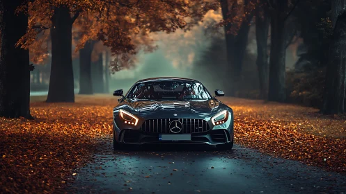 Granular frontal study of Mercedes sports coupe in autumnal mist.