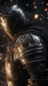 Steel armored figure is rendered amid floating glowing particles