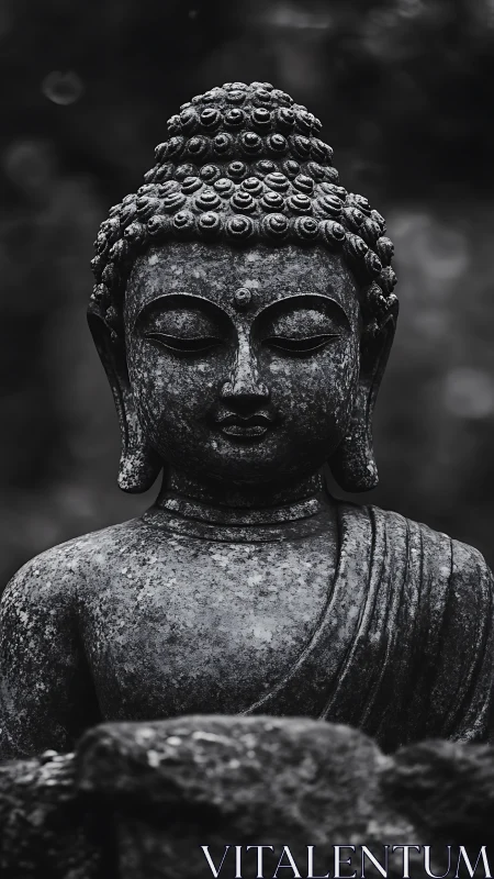 Quiet stone Buddha statue rests in deep, timeless meditation