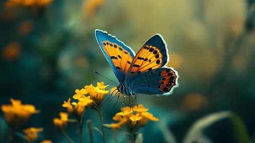 Blue and orange butterfly rests on yellow wildflowers