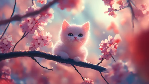 Enchanted White Kitten Among Blooming Cherry Blossoms.