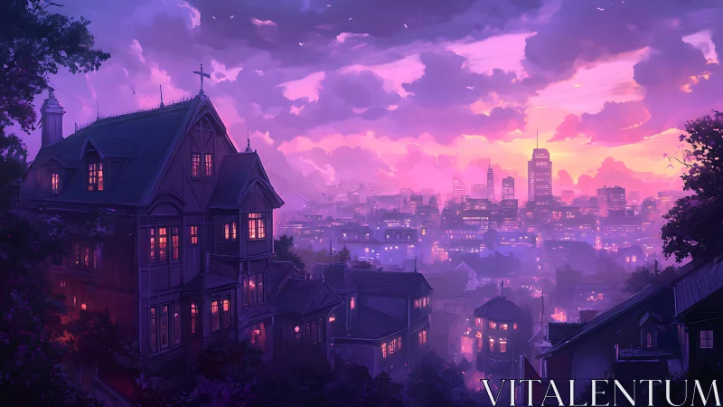 Victorian hillside mansion overlooking neon-lit dusk skyline