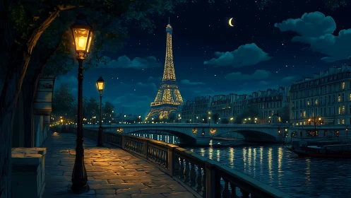 Paris riverside promenade overlooks illuminated Eiffel Tower