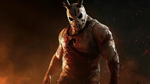 Masked brute in fiery shadows, towering with dark intensity.