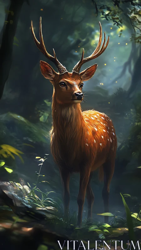 Stag stands alert in luminous forest clearing at dawn