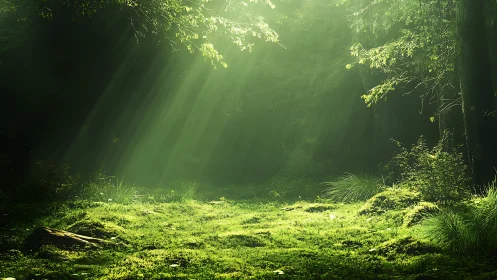 Serene Sunlit Forest Clearing with Lush Greenery and Soft Light.