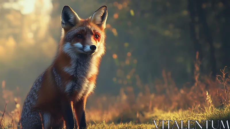Photorealistic fox portrait in golden backlit woodland field.