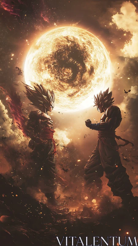 Fiery anime warriors confront beneath a blazing cosmic sun
