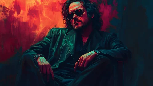 Brooding man in leather jacket under neon red teal glow.