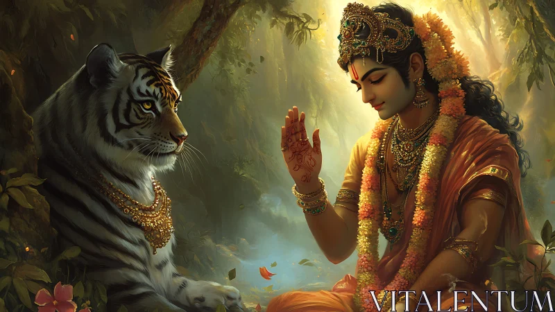 Divine figure in orange robes blessing calm jeweled tiger.