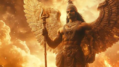 Winged warrior deity in golden sky with trident held strong.