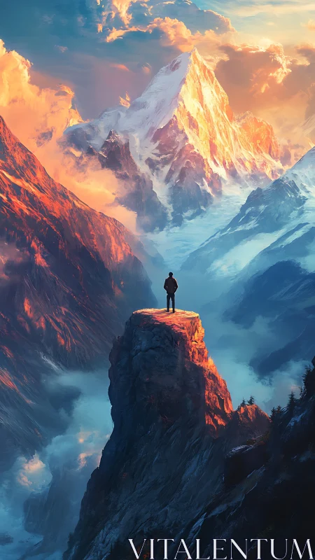 Solitary figure observes sunlit alpine peak in vivid atmospheric haze