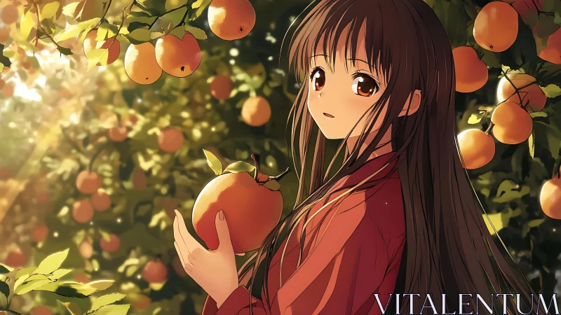 Autumn orchard anime girl holding ripe orange under warm light