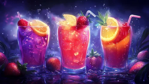 Luminous Elixirs: Neon Cocktails Ablaze in Mystical Purple Glow.