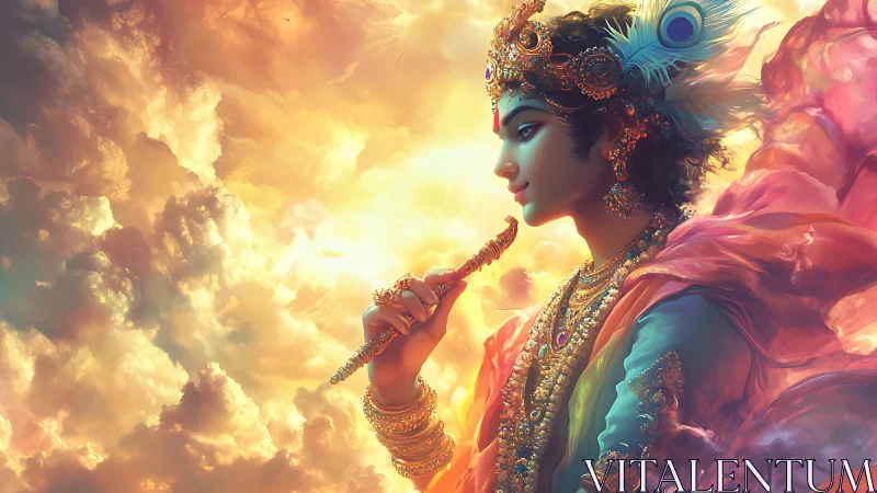 Divine flute player glows amid radiant celestial clouds.