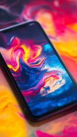 Smartphone displays vibrant liquid abstract with swirling magenta and blue gradients.