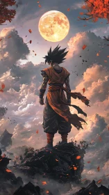 Warrior stands before burning moon above stormy clouds
