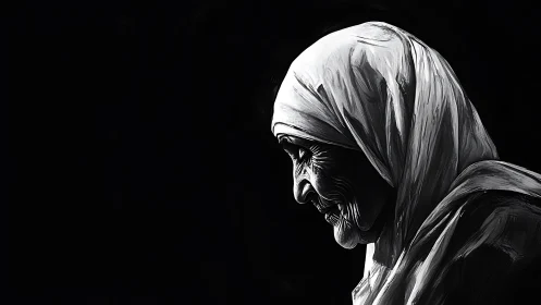 Silent side-lit elder wrapped in sculpted monochrome grace.