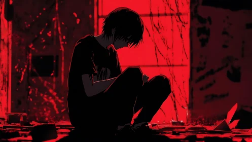 Crimson windows cradle a lone silhouette lost in thought