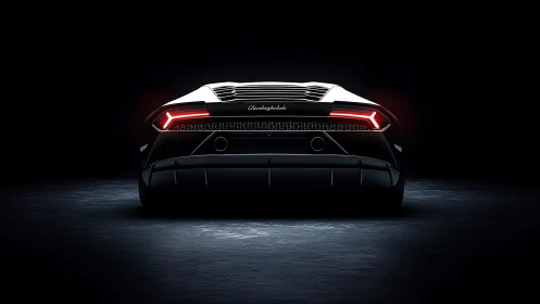 Rear view supercar illuminated by taillights in dark studio
