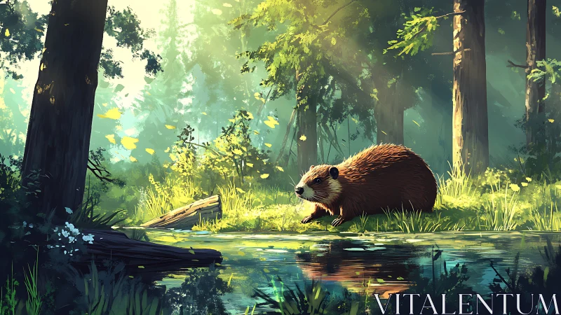 Beaver by a Sunlit Forest Stream, Vibrant Digital Painting.
