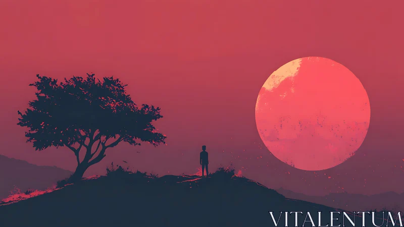 Solitary figure watches colossal crimson sun over ridge