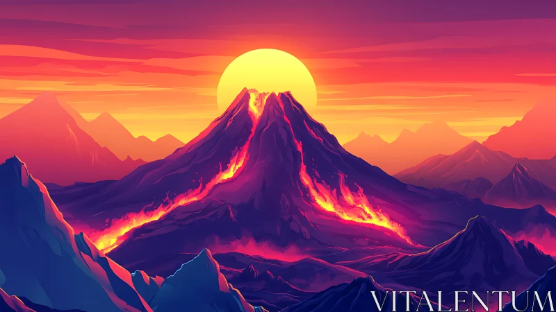 Volcanic stratocone sunrise with radiant magmatic outflows.