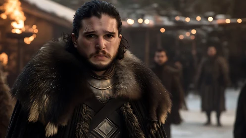 Medieval-clad man in fur cloak in snowy outdoor setting.