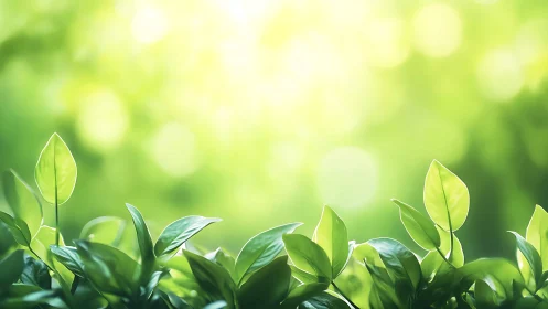 Sunlit Green Leaves with Soft Bokeh Background, Nature Style.