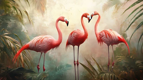 Triadic flamingo group rendered in lush painterly rainforest