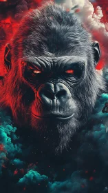 Cosmic gorilla guardian with glowing eyes in stormy clouds.