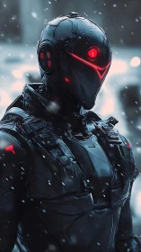 Snowfall surrounds a vigilant futuristic combat android