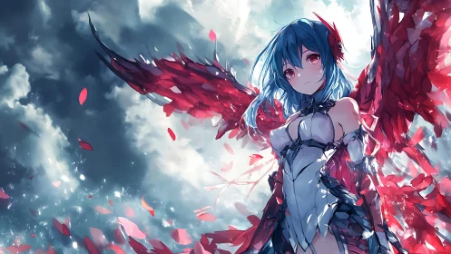 Blue haired winged character amid clouds and red fragments.