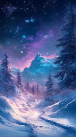 Spectral winter valley under nebular aurora night sky.