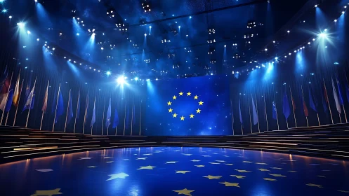 Illuminated European Union stage with flags and blue lights.