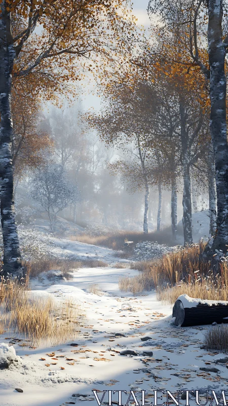 Early Winter's Quiet Moment by the Birch Forest Stream.