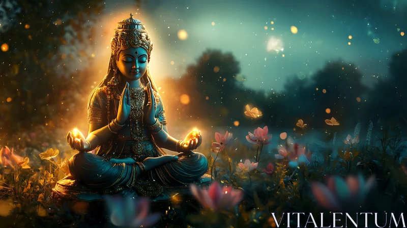 Divine lotus goddess meditating in luminous twilight garden.