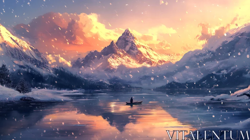 Solitary boat on snowy lake below sunlit mountain peak.